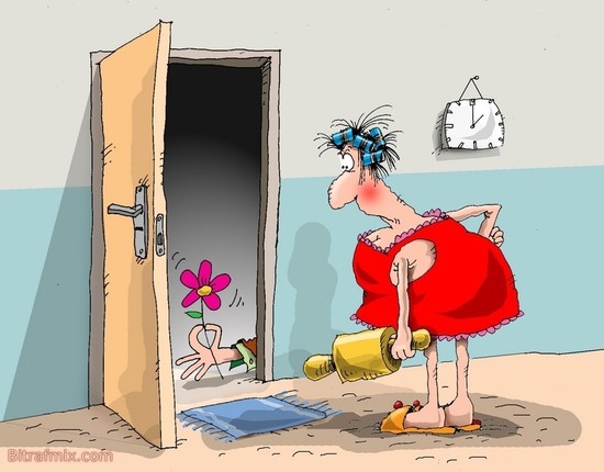 wife waiting for her husband with a rolling pin